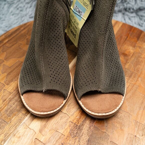TOMS Women's Majorca Boots Size 9 Block Heel Open Toe Olive Green Suede Boho - Picture 2 of 7